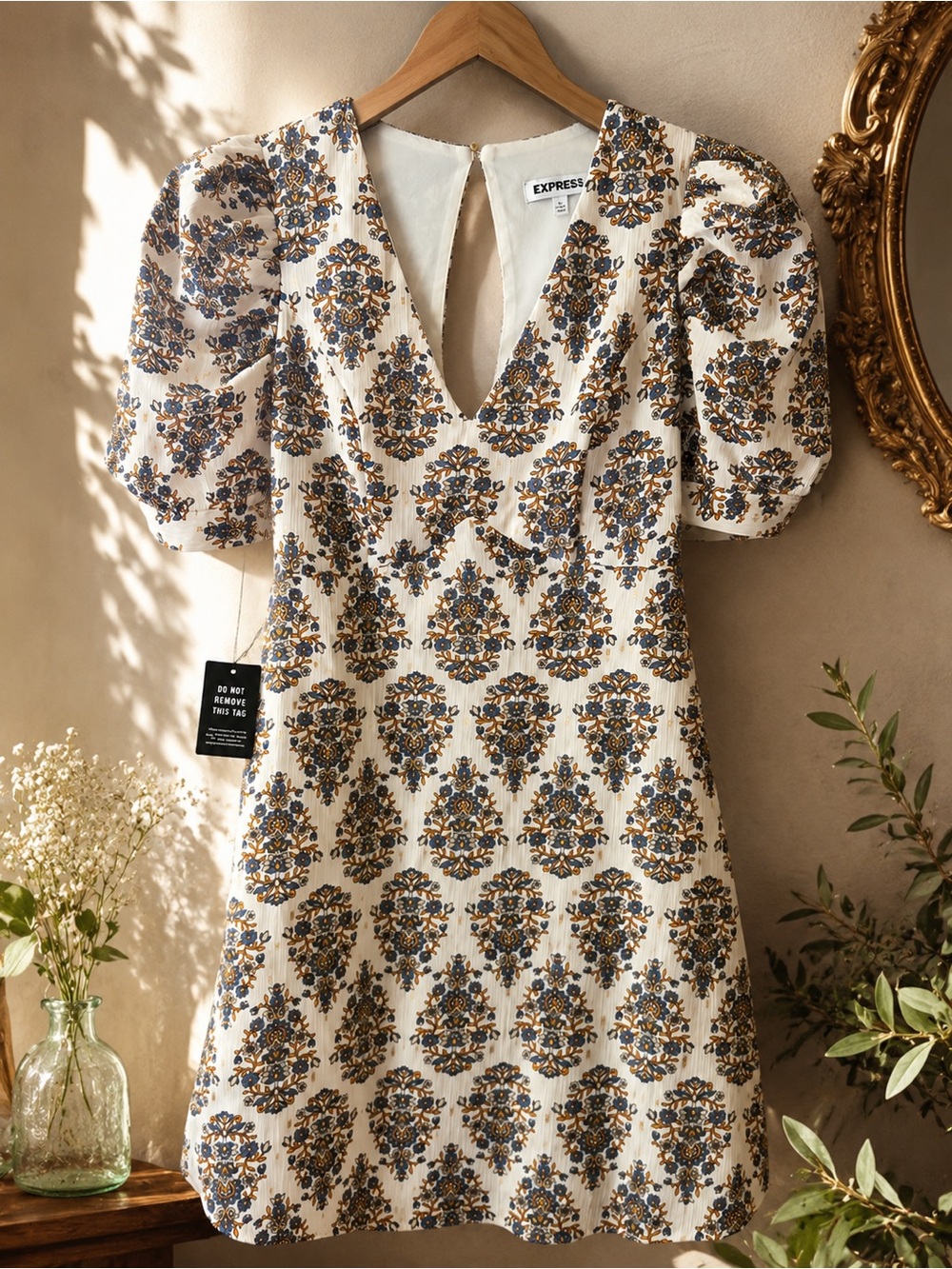 Express Ivory Mini Dress Navy Gold Floral Print Parisian Summer Boho chic